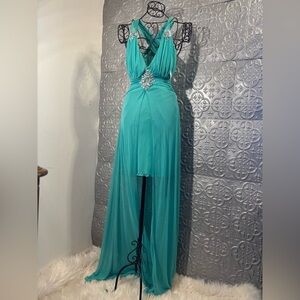 B Darlin Teal halter mini maxi dress vintage sheer train Y2K prom 2000s party